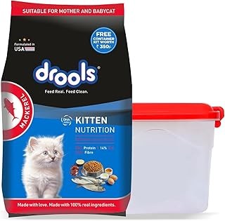 Drools Kitten Dry Cat Food, Mackerel Flavour 1 kg with Free Container Pack